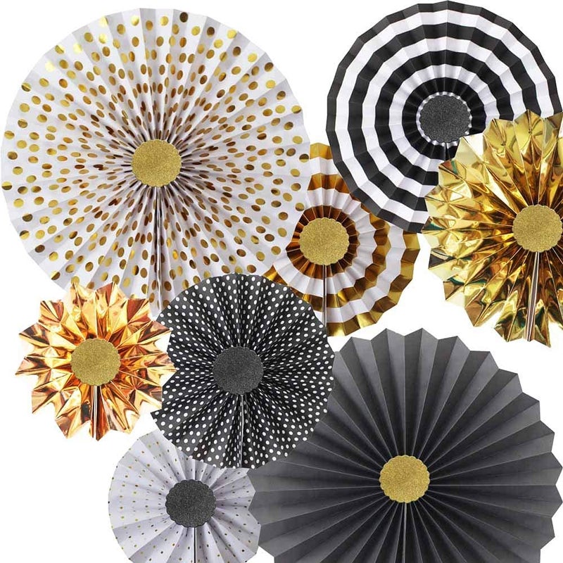 Hola Fiesta,Gold Black Paper Fans Flower for Halloween Party Decorations,black2,Set of 8 - Image 1